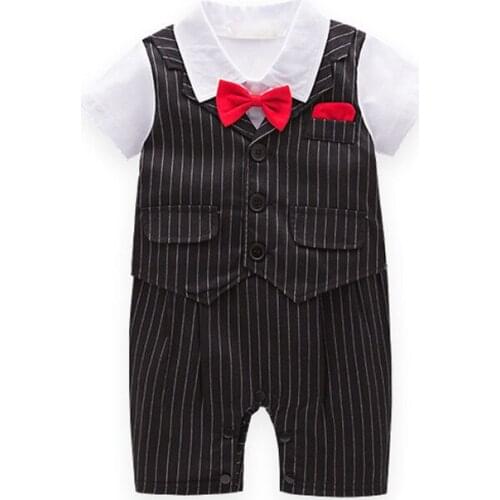 Infant Gentle Baby Romper Red Bow Striped Short Sleeve Romper Formal Suit Newborn Baby Boy Clothing for Roupas De Bebes Infantil