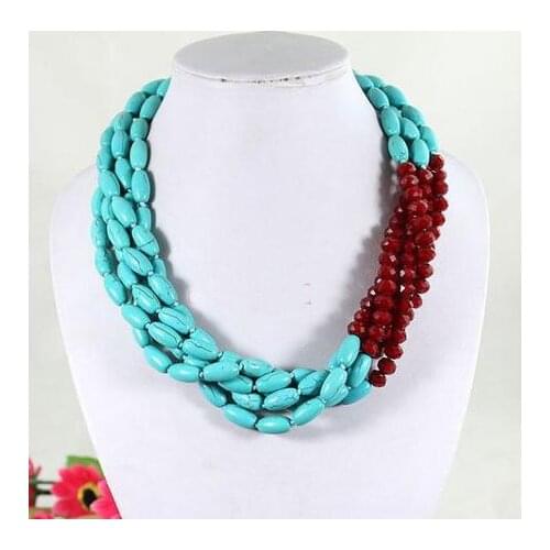 New Classic Luck Jewelry Real Stone Turquoises Crystal Necklace Blue And Red Color Chunky Statement Gemstones Jewelry Women Gift
