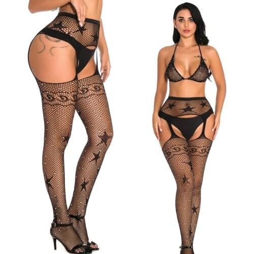 Tight With Rhinestones Sexy Suspenders High Waist Transparent Stockings Plus Size Lingerie Garter Fishnet Pantyhose Open Crotch