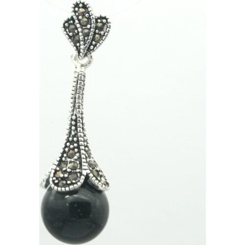 925 Sterling Silver Natural Turquoise Round Bead Marcasite Necklace Pendant 45*12mm