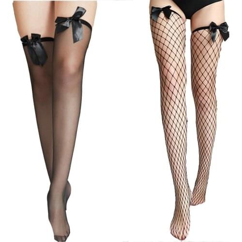 Sexy Women Lingerie Sheer Fishnet Thigh High Stockings with Satin Bow Top Thigh-High Long Pantyhose Tights Nylons