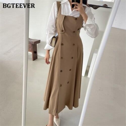 BGTEEVER Vintage Double Breasted A-line Women Dress 2021 Summer Spaghetti Strap Ladies Vestidos Casual Sleeveless Female Dress