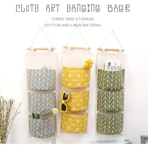 Hanging Storage Bag 3 Pockets Wall Mounted Sundries Hanging Bag Wardrobe Hanging Organizer Cotton Linen Toy Hanging Storage Bags