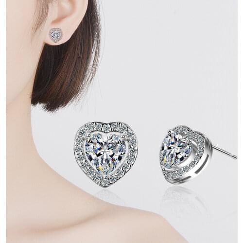 Luxury 925 Sterling Silver Earrings Heart-Shaped Zirconia Ear Stud Fashion Womens High Quality Party Jewelry Love Gift