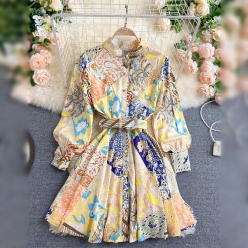 Spring New Trendy Vintage Style Print Long Sleeve Party Wear Girls Lace Up Slim Waist A-Line Mini Sexy Floral Dress With Belt