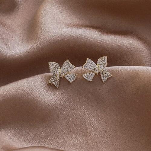 Vintage Temperament Bling CZ Stone Bowknot Earrings for Women Brass Gold Cross Knot Statement Dangle Earrings Elegant Jewelry