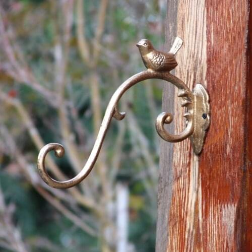 Vintage Black Cast Iron Wall Mounted Hooks With Bird Figurines Decor On For Hanging Flower Pot Or Candle Lantern Indoor Outdoor