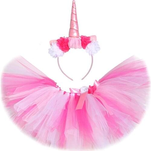 Baby Girls White Pink Tutu Skirt for Kids Toddler Fluffy Birthday Tutus with Flower Unicorn Headband Tulle Skirts Outfit Costume