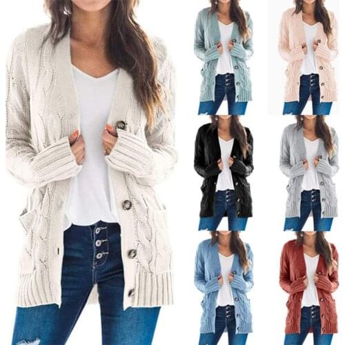 2020 autumn and winter new womens casual long-sleeved jacket solid color twist button cardigan sweater Polyester V-Neck Thick