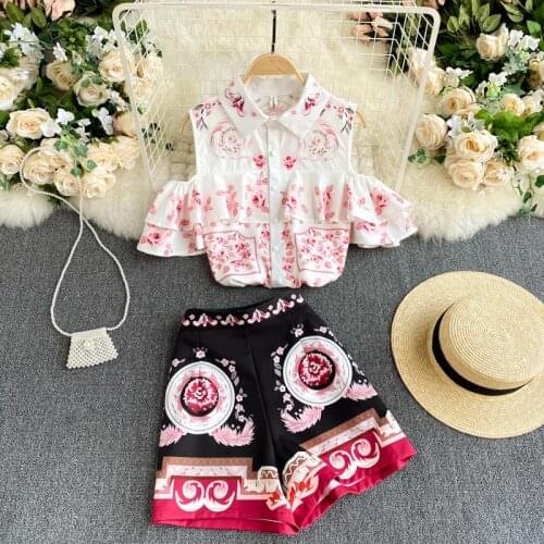 Summer Runway Fashion Elegant Vintage Print Shorts Set Women Strapless Ruffle Shirt Top + Shorts Pants Two Piece Set