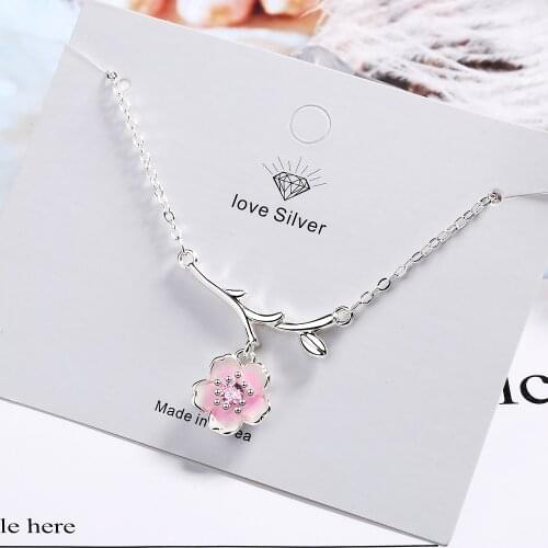 Romantic 925 Sterling Silver Pink Cherry Blossom Necklaces for Women Zircon Sakura Flower Short Clavicle Chain Choker Jewelry