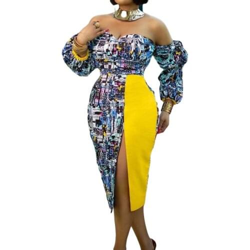 Split Pencil Dress Women Fashion Print Patchwork High Waist Robes 2021 New Elegant Sexy Strapless Off Shoulder Office Lady Dress