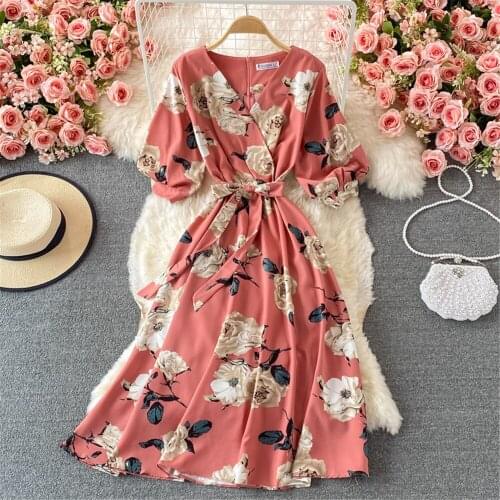 Women Floral Beach Summer Dress V Neck Printed Short Sleeve Midi Dresses Fashion Vintage A Line Vestidos Female Clothing Atopos