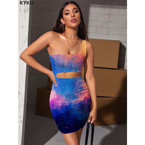 KYKU Galaxy Dresses Women Nebula Pleating Colorful Bodycon Dress Space 3d Print Womens Clothing Plus Size Short Beach Femme