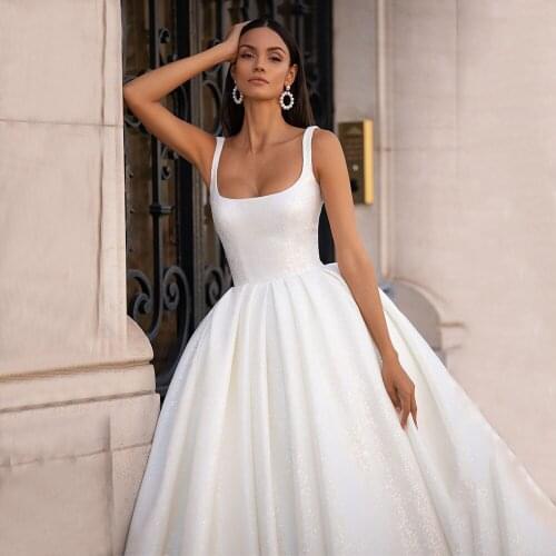 Boat Neck Wedding Dress Exquisite A Line Sweep Train Simple Bridal Gown Floor Length Vestido De Novia Spaghetti Straps