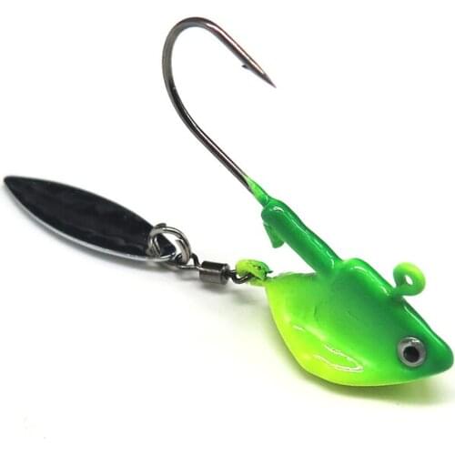 2pcs jig bait Lead Head Hook with Spinner Spoon green Jig Head Hook Soft Bait Worm Maggot Grub fishing Lure 3.5g/7g/10g