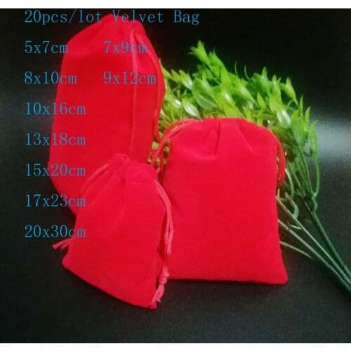 20pcs/Lot Red Velvet Jewelry Gift Bags&Drawstring Pouches 7x9 9x12 10x16 Wedding Christmas Gift Bags Jewelry Packaging Bags