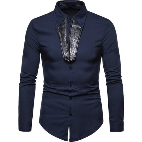 2020 Brand Fashion Male Shirt Long Sleeves Tops Fashion Splice PU Leather Mens Casual Shirts Slim Fit Man High Quality Clothes