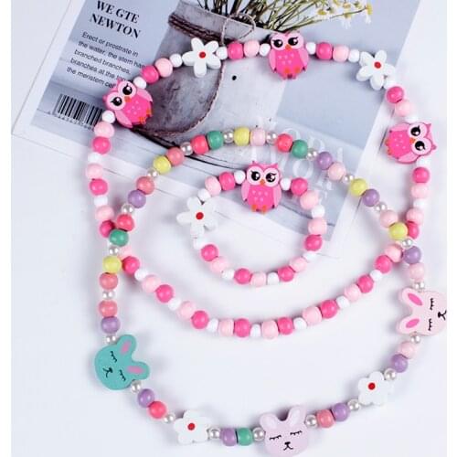 3Pcs/Lot Lovely Heart Girls Jewelry Colorful Wood Beads Necklace Bracelet For Kids Childrens Birthday Party Jewelry Gift