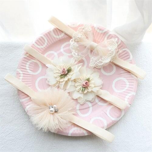 5pcs/Lot Apricot White Lace Flower Bow Kids Headband Crystal Pearl Bowknot Infant Girl Hair Band Newborn Photography Props