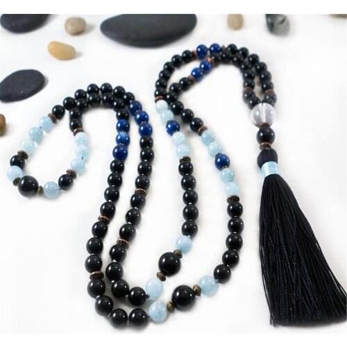 8mm Obsidian Gemstone 108 Beads Mala Tassel Necklace Retro Tibetan Classic Prayer Yoga Meditation Wristband Japa Buddhism