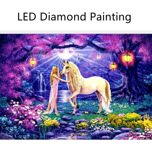 Full Drill 5d Round Square Unicorn Animal Flower LED Diamond Painting With Frame Fast Shipping Embroidery Diamond Tool LED3006