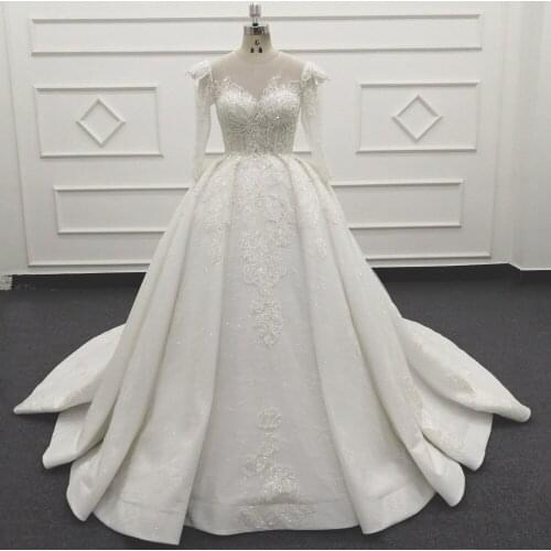 Molanda Hung Ball Gown 2021 Bridal Dress Lace With Beads Zipper With Buttons Pleats Long Sleeves Sweetheart Chapel Train HQ053