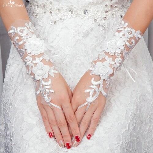 LZP106 Flower Pearl Tulle Long Gloves Lace Bridal Gloves Luva De Noiva