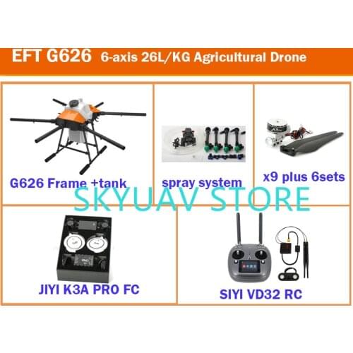 EFT G626 Six-Axis 26L/KG Agricultural Spray Drone Brushless Water Pump With T12 H12 VD32 K++/K3A PRO FC X9 Plus Power Kit