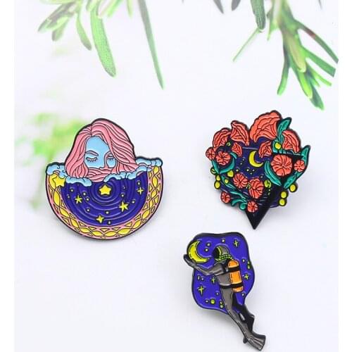 Creative Night Sky Bright Moon Flowers In Full Bloom Divers Seabed Holding The Moon Badge Trend Wild Starry Ocean Alloy Brooch