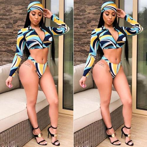 Sexy Womens Long Sleeve Printed Bikini Set Summer Beach Patchwork Skinny Slim Zipper Swimsuit 3pcs Suit