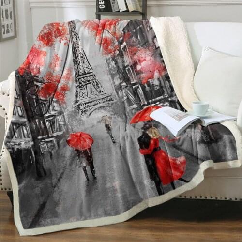 Fashion Red Maple Tree Furry Blanket Oil Painting Plush Bedspread France Paris Tower Bed Fashion Blanket