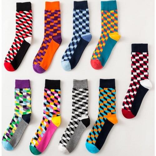 Men Socks Fashion Colorful Cotton Plaid Geometric Lattice Striped Happy Funny Harajuku Hip Hop Street Male Stitching Casual Sock