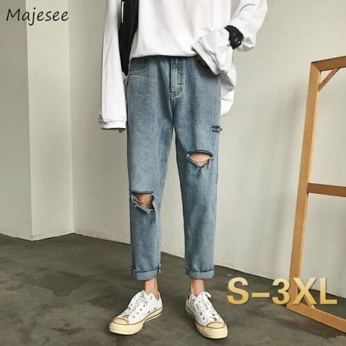 Men Jeans Hole Ripped Denim Trousers Stylish Street-wear Baggy Straight Trendy Korean-style All-match Leisure Mens Ankle-length