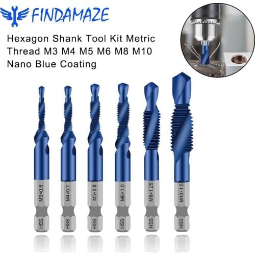 6-piece Drill Tap Drill Bit Set HSS Hexagonal Shank Combination Drill Bit Nano Blue Coating Metric Screw Tapping Tool M3-M10