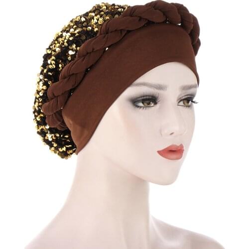 2021 New Women Shinning Squins Turban Cap Muslim Headwear Braid Headscarf Bonnet African Indian Caps Female Islamic Head Wraps