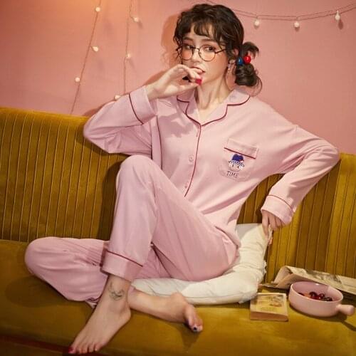 Sexy Cardigan Lapel Homewear Kawaii Pink Women Sleepwear Winter Cotton Warm Pajamas Set Cute Cartoon Time Print Pocket Pajamas