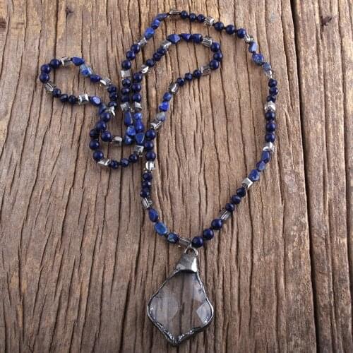 RH Fashion Bohemian Jewelry Natural Stones Crystal Knotted Glass Drop Pendant Necklaces Women Lariat Necklace