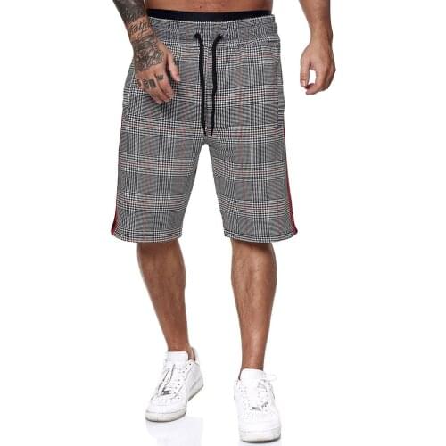 Men Summer Casual Shorts Checked Print Drawstring Shorts With Pockets Side Striped Stretch Waist Daily Running Pants