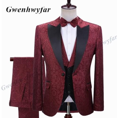 Gwenhwyfar Tailor-Made Burgundy Wedding Men Suits Slim Fit Tuxedo 3 Pieces Suits Groom Prom Jacquard Blazer Terno Masculino Suit