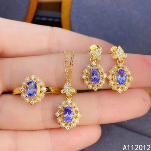 KJJEAXCMY fine jewelry natural Tanzanite 925 sterling silver luxury girl new pendant necklace earrings ring set support test