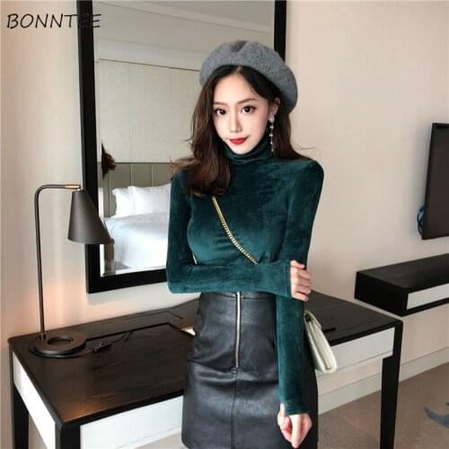 Long Sleeve T-shirts Women Plus Velvet Thicker Winter Warm Elegant Turtleneck All-match Womens T-shirt Korean Style Leisure Chic