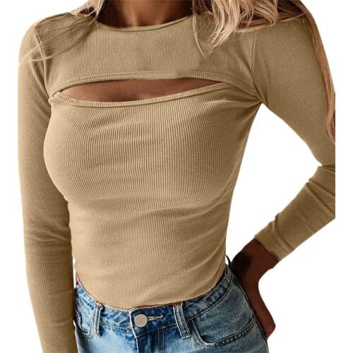 Chest Cutout Women Blouses Autumn Sexy Long-sleeved Ribbed Female Tee Tops Casual Bottoming Korean Style Thickening Ladies Tops