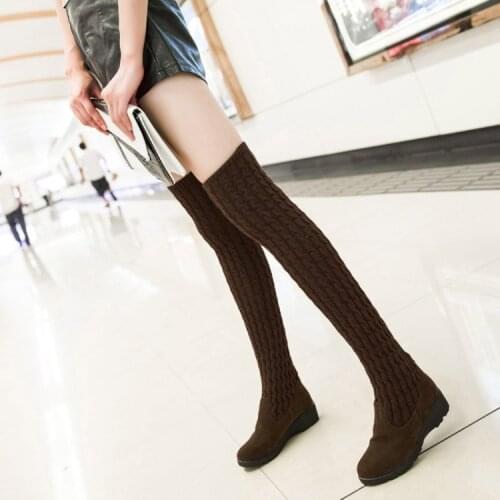 Womens Boots 2020 Autumn Winter Thigh High Boots For Woman Shoes Knitting Wool Long Boot Women Brown/Black Boot Ladies Shoes