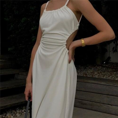 White Midi Backless Dress Women Hollow Out 2021 Summer Bandage Sexy Beach Spaghetti Strap Black Casual Dresses