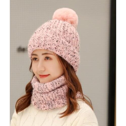 2019 Winter Womens Hat Scarf Set Colorful Hat Scarf For Women Girls Warm Beanies Hat For Girls Ring Scarf Pompoms Winter Hats