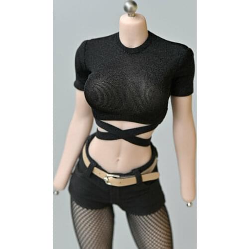 1/6th Female Soldier Black Short Show Waist Tie T-shirt Model for 12" Body