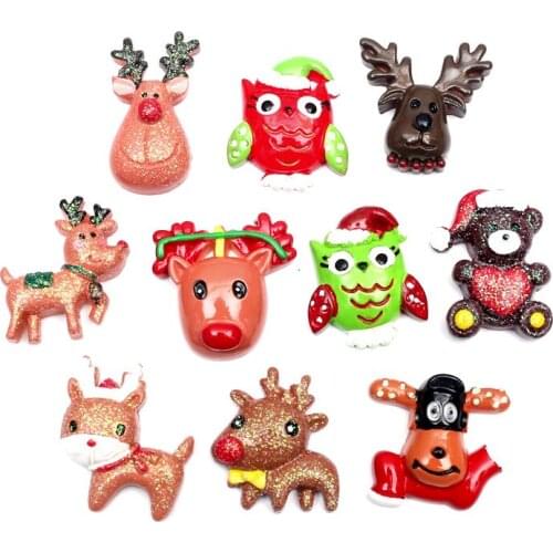 10pcs Mixed Glitter Elk Owl Resin Crafts Christmas Decoration Flatback Cabochon Embellishment For Scrapbook DIY Accessoris