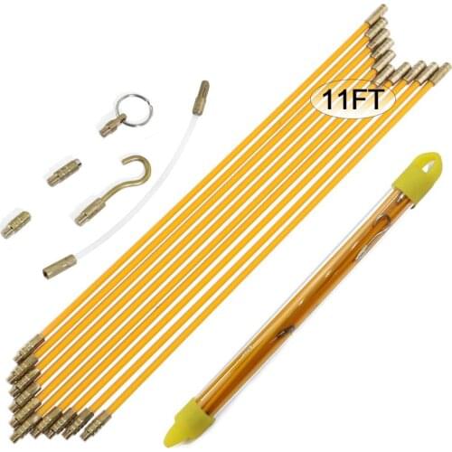 11' (3.3m) Fiberglass Running Electrical Wire Cable Pulling Fish Tape kit with 5 different attachments in a Carrying Case