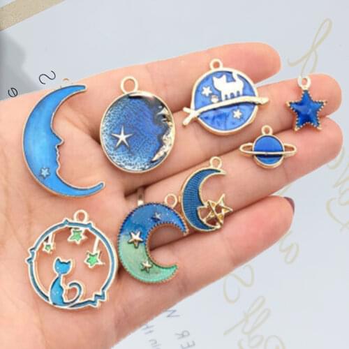 8Pcs Classic Vintage Blue Moon Star Planet Enamel Charms Pendant For Jewlery Making DIY Bracelet Earrings Necklace Craft